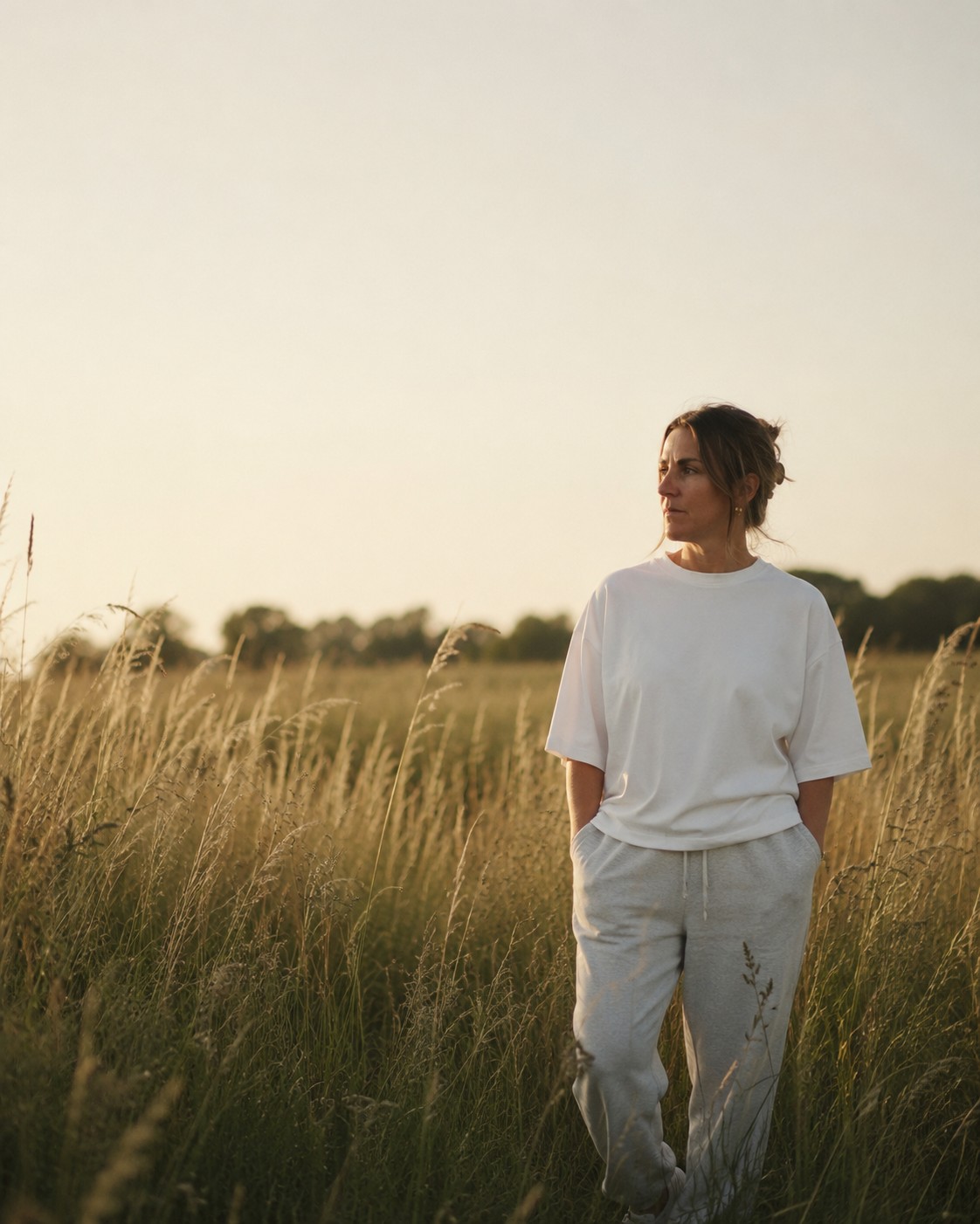 Vrouw in veld bij avondlicht